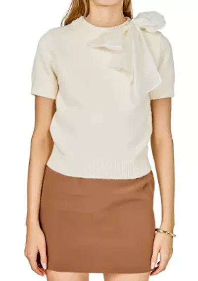 BOW ACCENT PUFF SLEEVE KNIT TOP