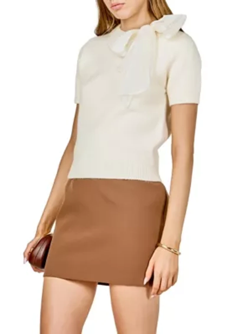 BOW ACCENT PUFF SLEEVE KNIT TOP