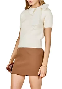 BOW ACCENT PUFF SLEEVE KNIT TOP