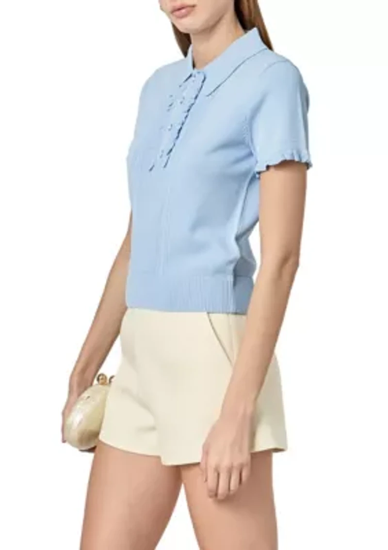 RUFFLE PLACKET KNITTED TOP