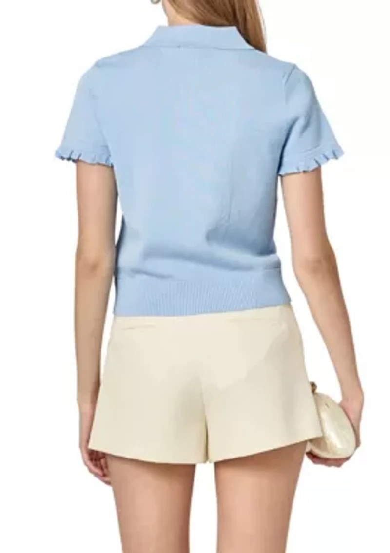 RUFFLE PLACKET KNITTED TOP