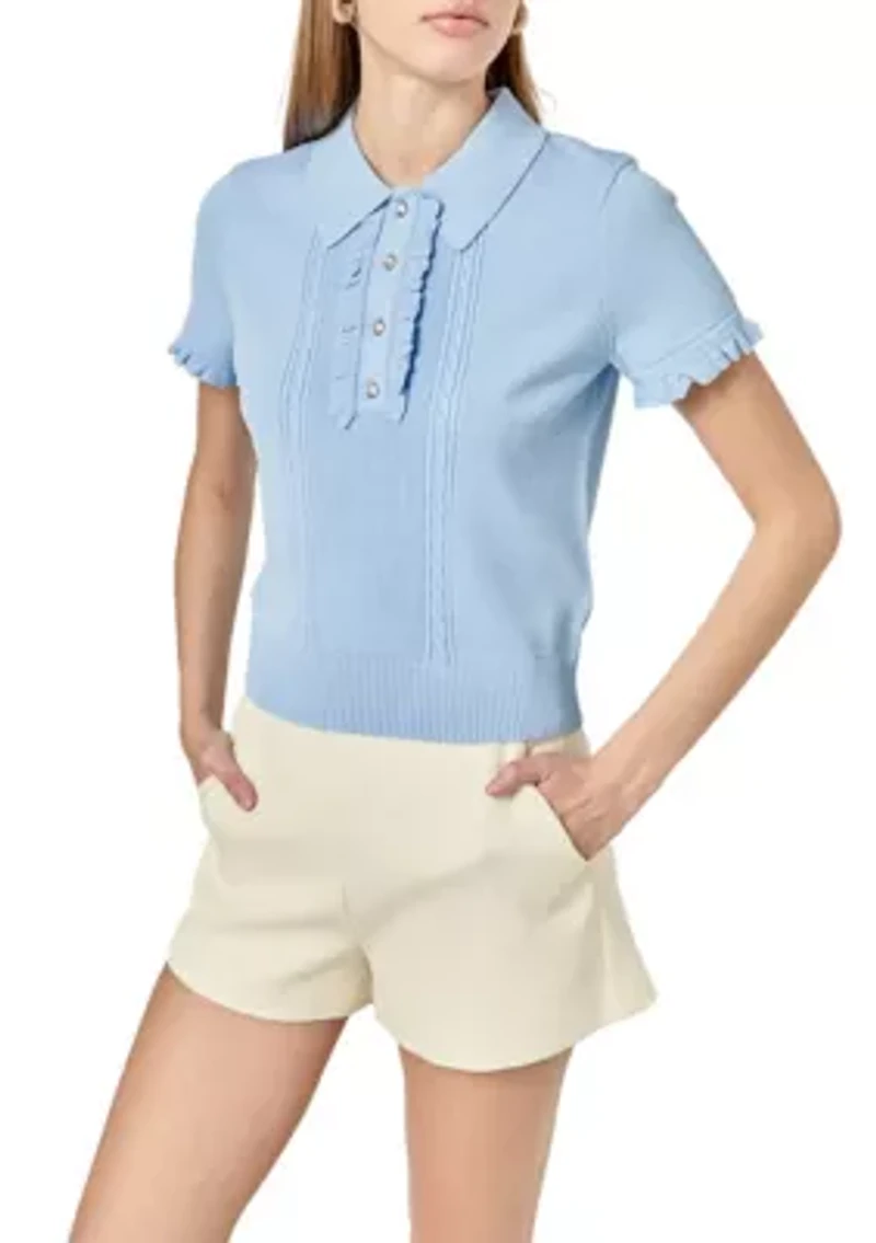 RUFFLE PLACKET KNITTED TOP