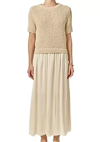 SATIN CONTRAST MIXED MEDIA MIDI DRESS