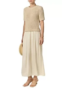 SATIN CONTRAST MIXED MEDIA MIDI DRESS