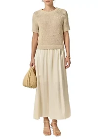 SATIN CONTRAST MIXED MEDIA MIDI DRESS