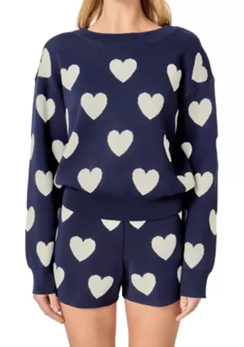 HEART PATTERNED CREW NECK SWEATER