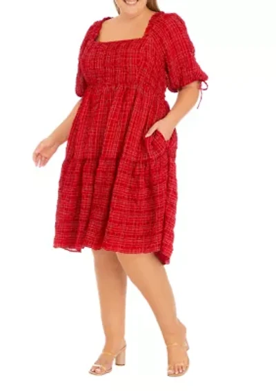 Plus Puff Sleeve Square Neck Textured Dress