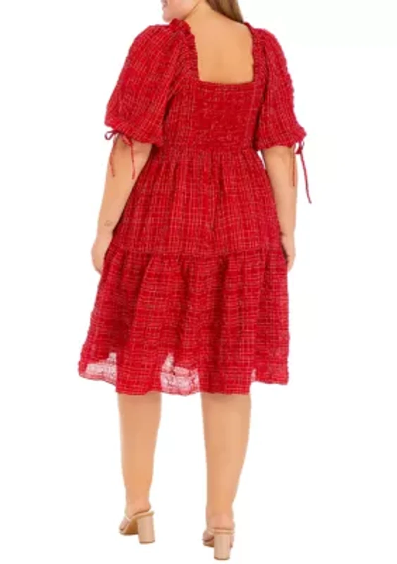 Plus Puff Sleeve Square Neck Textured Dress