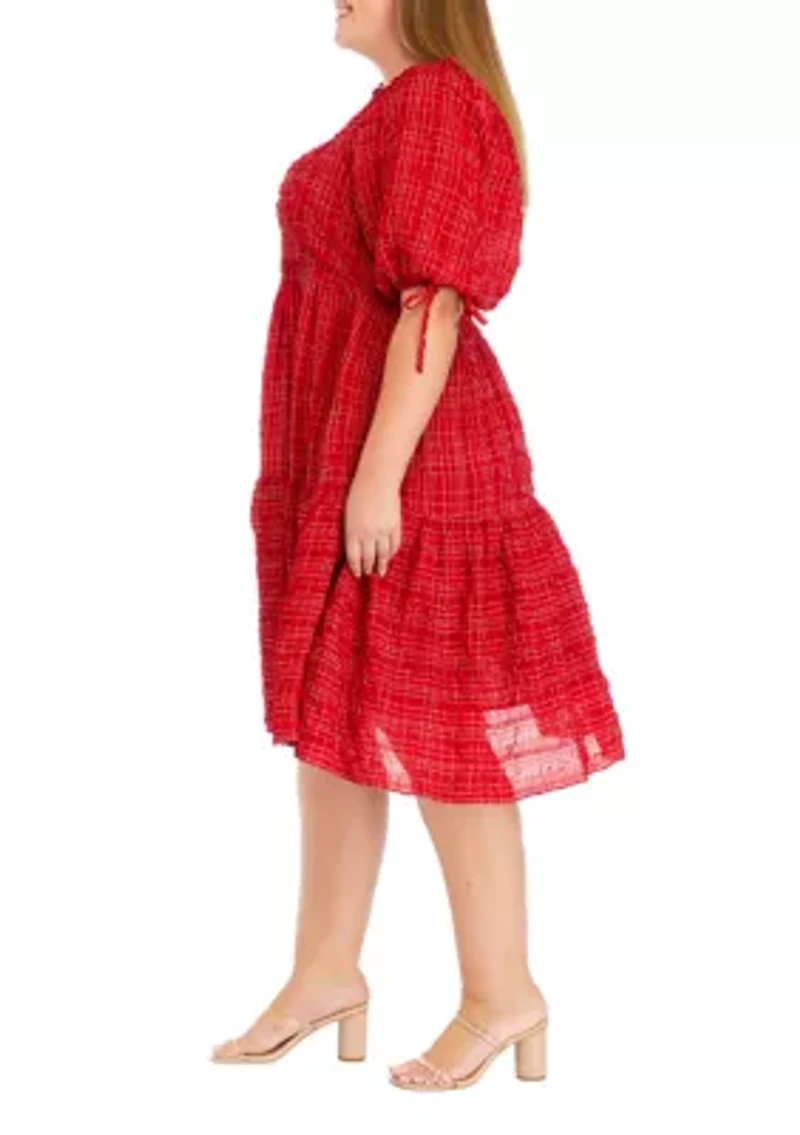 Plus Puff Sleeve Square Neck Textured Dress
