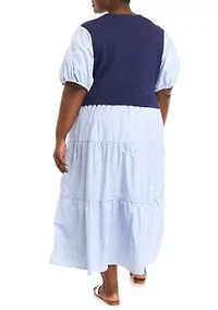 Plus Short Sleeve Striped Mixed Media Maxi Dress