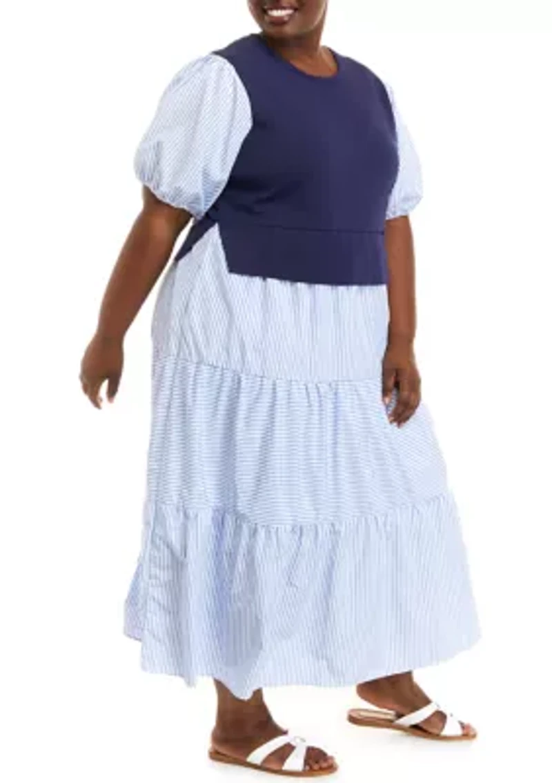 Plus Short Sleeve Striped Mixed Media Maxi Dress