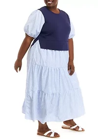 Plus Short Sleeve Striped Mixed Media Maxi Dress