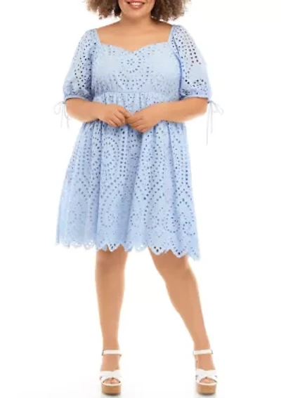 Plus Short Sleeve Eyelet Scallop Edge Mini Dress