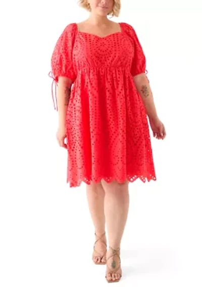 Plus Short Sleeve Eyelet Scallop Edge Mini Dress