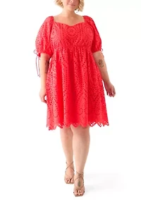 Plus Short Sleeve Eyelet Scallop Edge Mini Dress