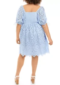 Plus Short Sleeve Eyelet Scallop Edge Mini Dress
