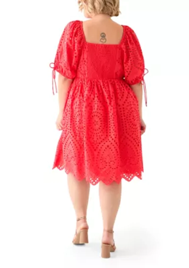 Plus Short Sleeve Eyelet Scallop Edge Mini Dress