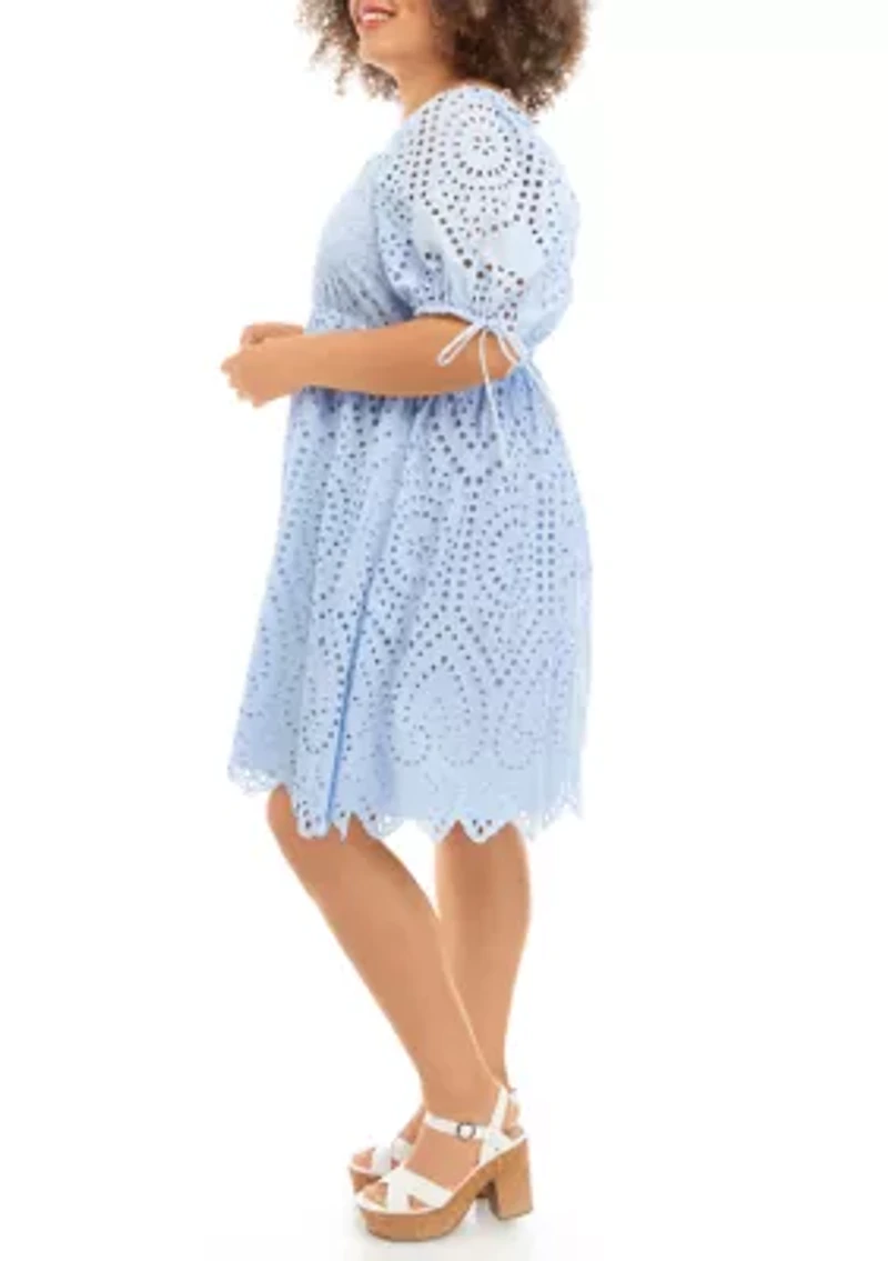Plus Short Sleeve Eyelet Scallop Edge Mini Dress