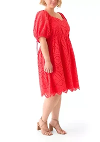 Plus Short Sleeve Eyelet Scallop Edge Mini Dress