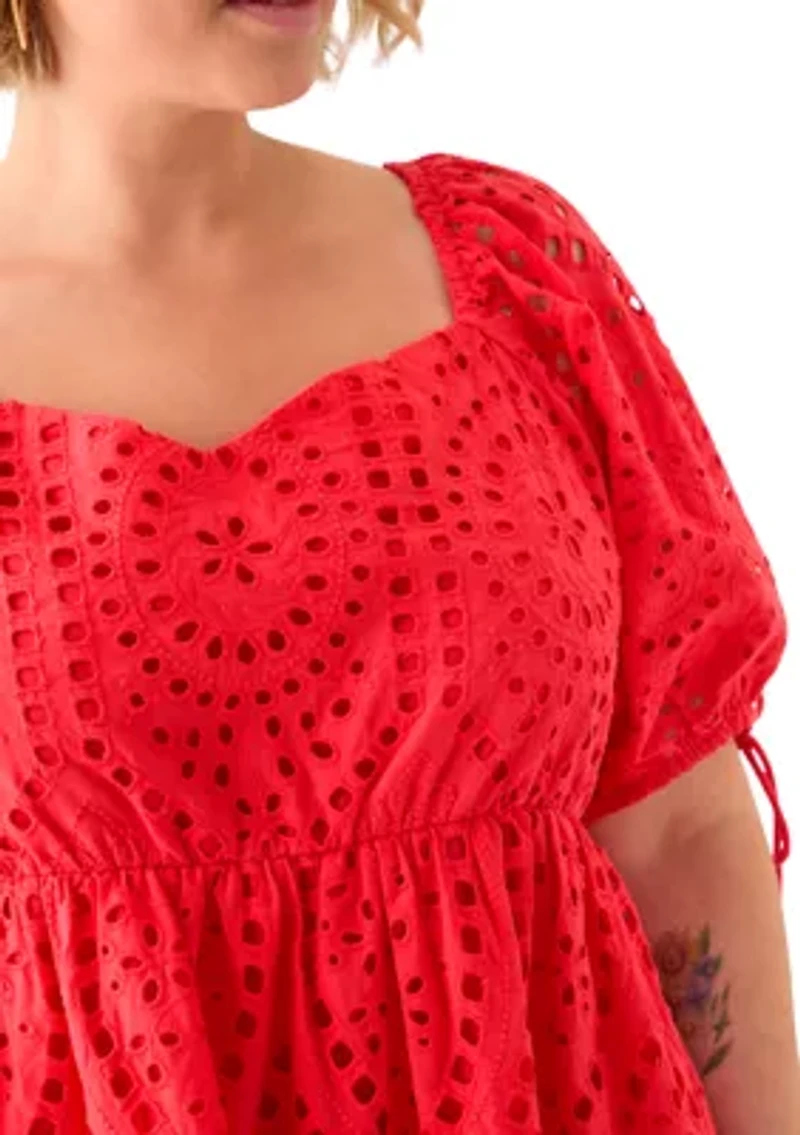 Plus Short Sleeve Eyelet Scallop Edge Mini Dress