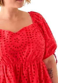 Plus Short Sleeve Eyelet Scallop Edge Mini Dress