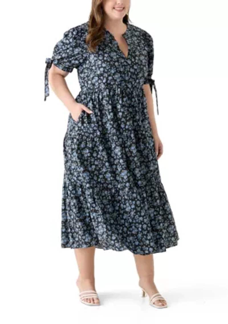Plus Tied Puff Sleeve Printed Tiered Midi Dress