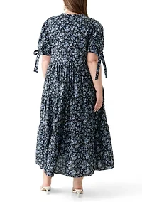 Plus Tied Puff Sleeve Printed Tiered Midi Dress
