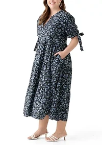 Plus Tied Puff Sleeve Printed Tiered Midi Dress