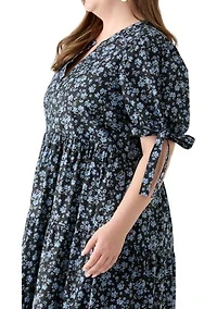 Plus Tied Puff Sleeve Printed Tiered Midi Dress