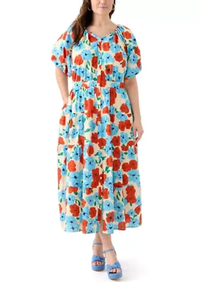 Plus Button Down Puff Sleeve Maxi Dress
