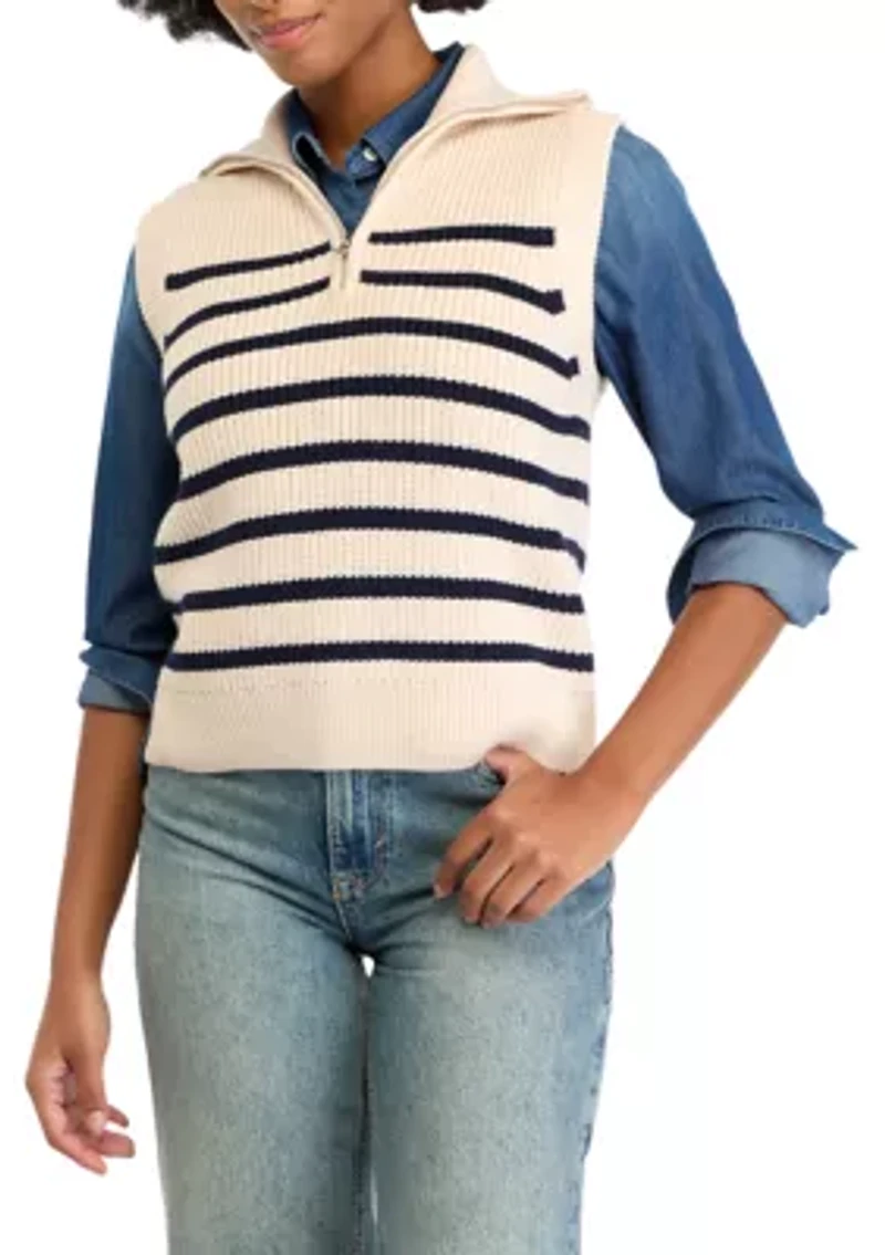 Women's Striped Half Zip Sleeveless Knit Top