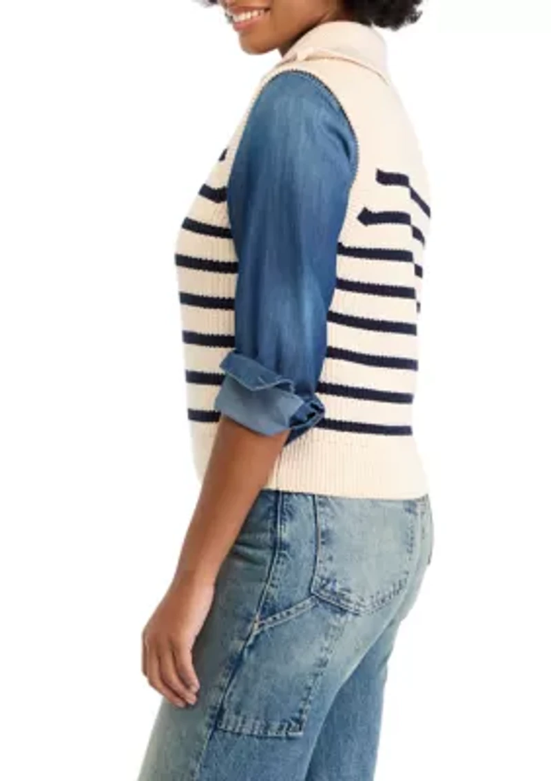 Women's Striped Half Zip Sleeveless Knit Top