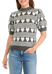 Women's Heart Stripe Puff Sleeve Sweater