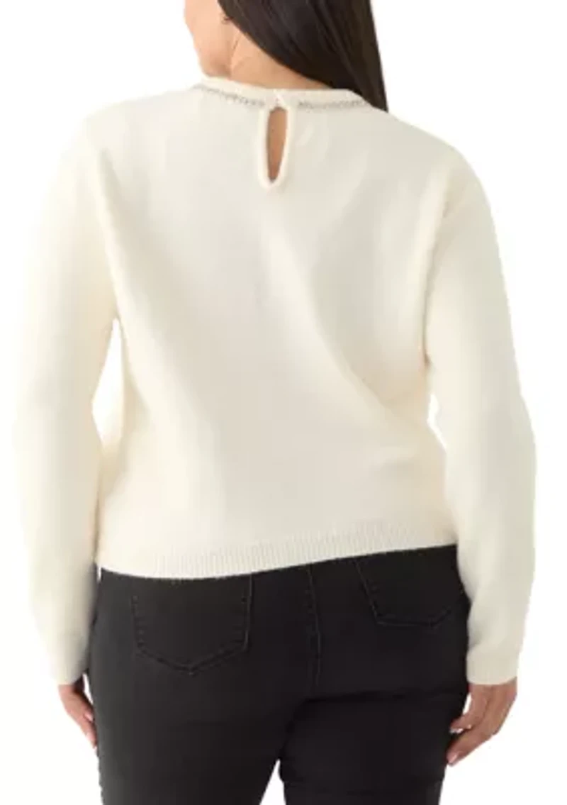 Plus Rhinestone Bow Knit Pullover