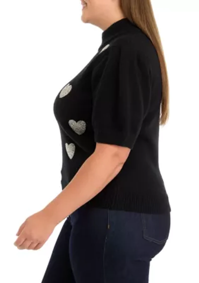 Plus Beaded Heart Puff Sleeve Sweater