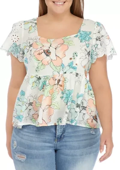 Plus Eyelet Flutter Sleeve Square Neck Top