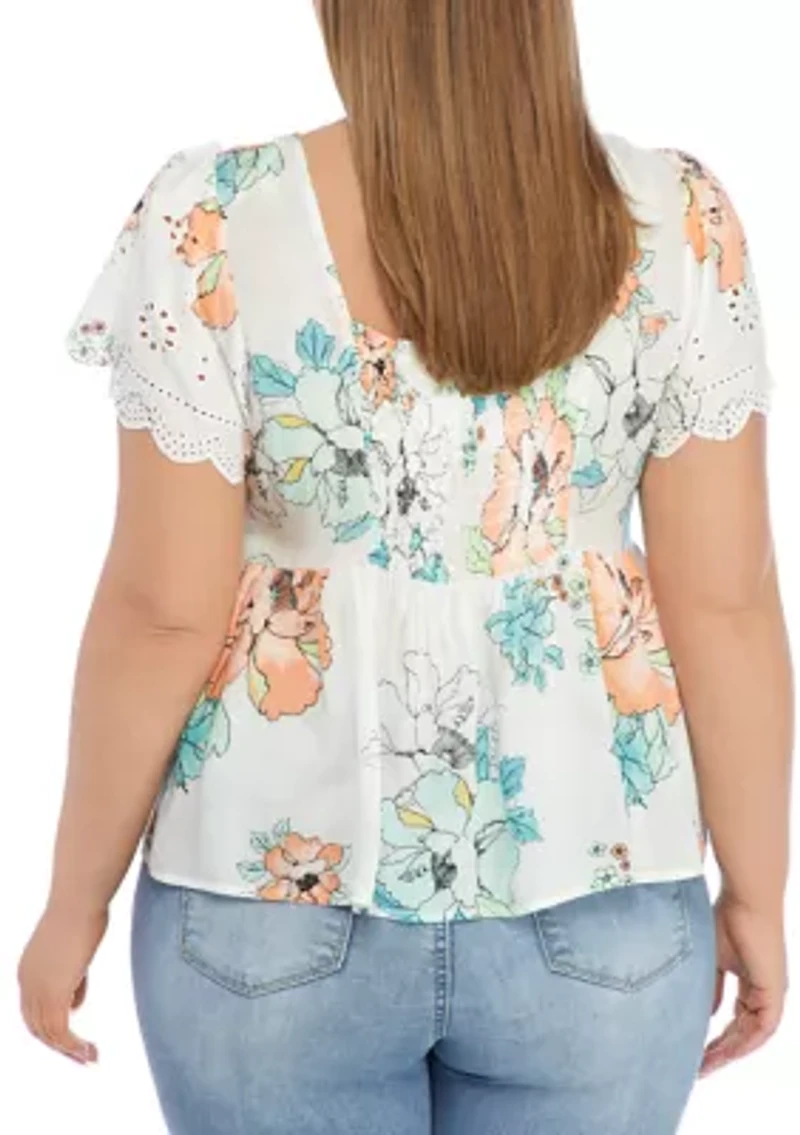 Plus Eyelet Flutter Sleeve Square Neck Top