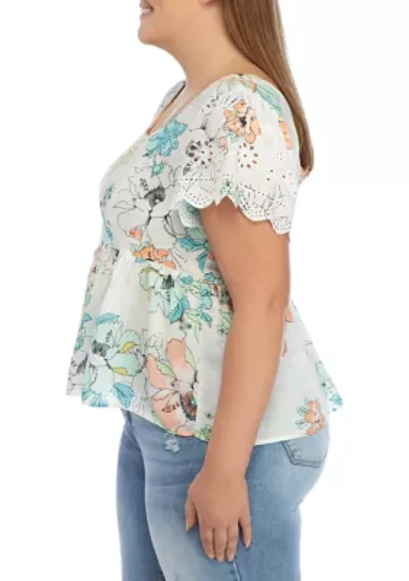 Plus Eyelet Flutter Sleeve Square Neck Top