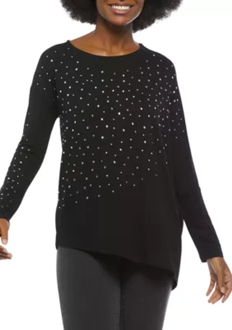 Women's Long Sleeve Asymmetrical Hem Crew Neck T-Shirt with Embellishment