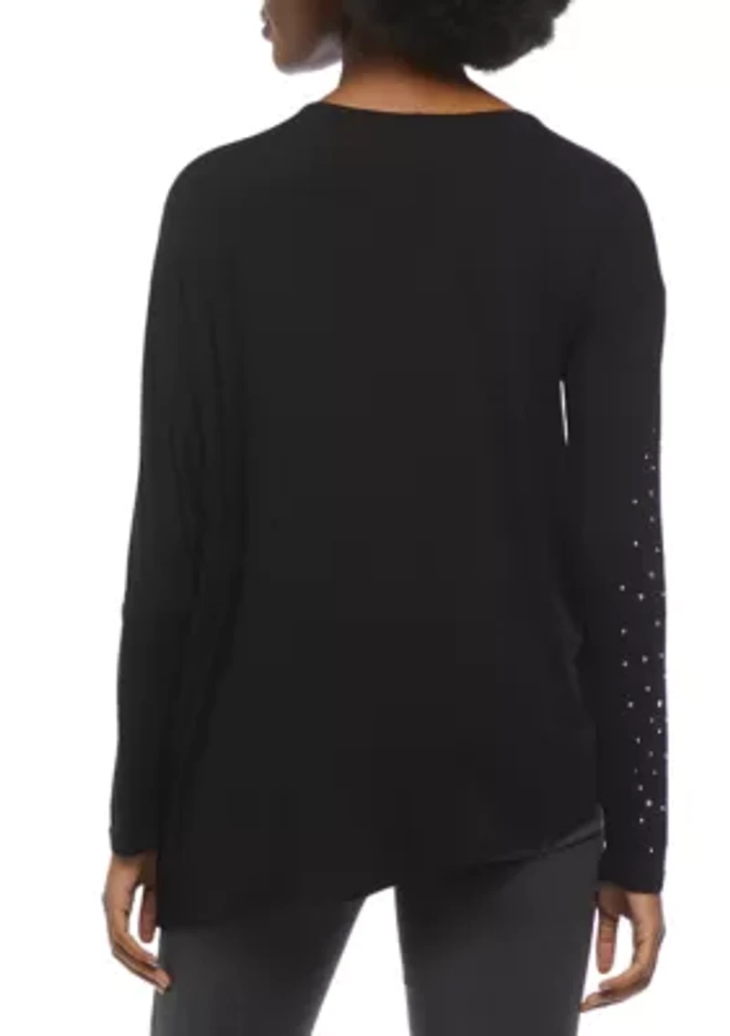 Women's Long Sleeve Asymmetrical Hem Crew Neck T-Shirt with Embellishment
