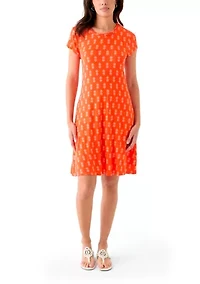 Women's Short Sleeve Swing Dress with Braided Trim at Neckline