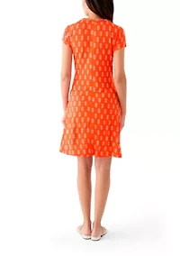 Women's Short Sleeve Swing Dress with Braided Trim at Neckline