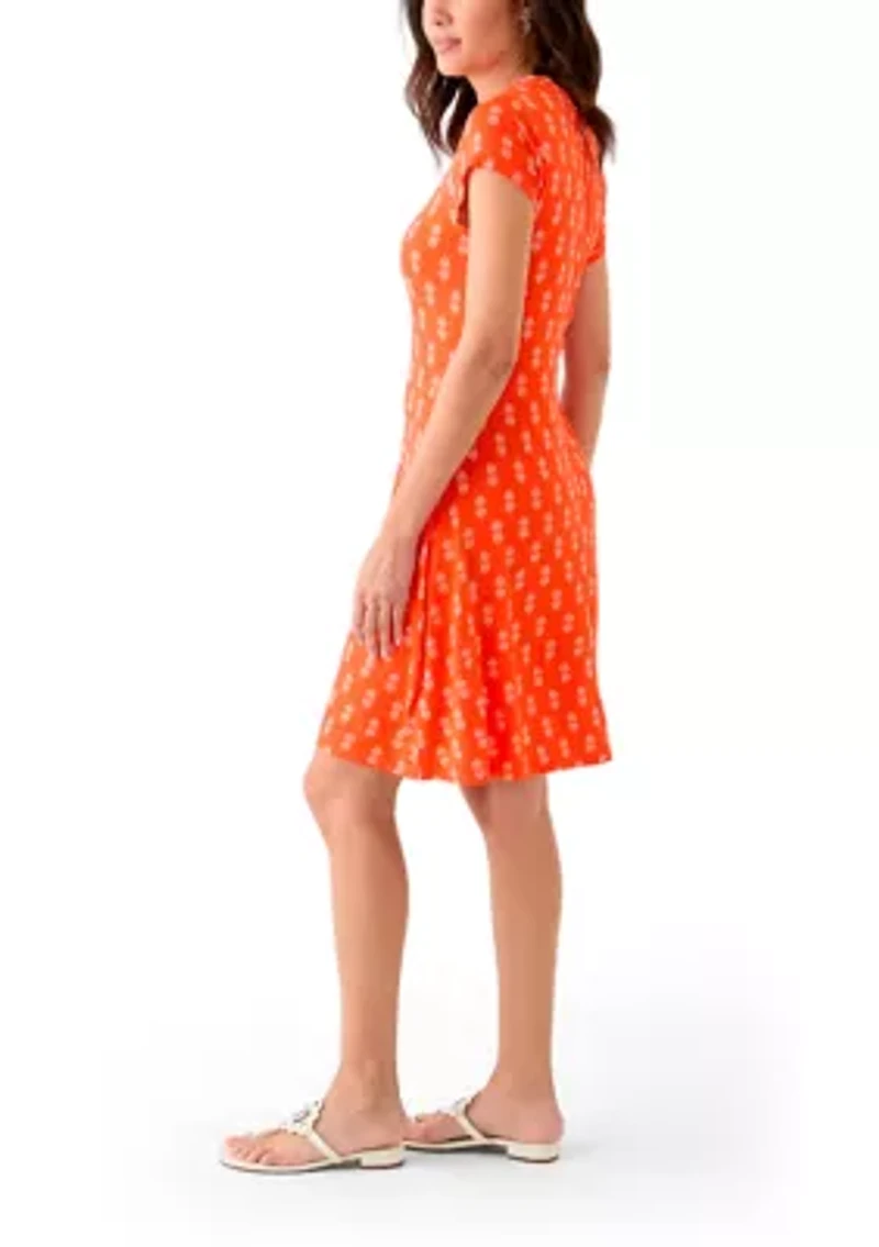 Women's Short Sleeve Swing Dress with Braided Trim at Neckline