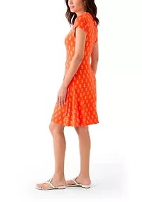 Women's Short Sleeve Swing Dress with Braided Trim at Neckline