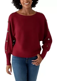 Women's Dolman Button Puff Sleeve Sweater