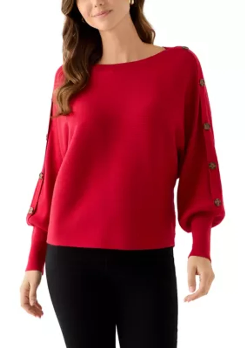 Women's Dolman Button Puff Sleeve Sweater