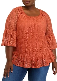 Plus 3/4 Sleeve Lace Off the Shoulder Woven Top
