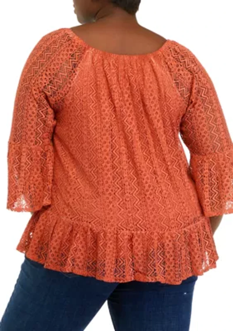 Plus 3/4 Sleeve Lace Off the Shoulder Woven Top