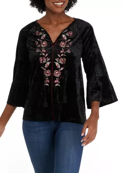 Women's 3/4 Sleeve Velvet Embroidered Peasant Top