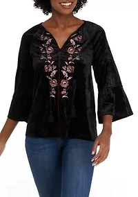 Women's 3/4 Sleeve Velvet Embroidered Peasant Top